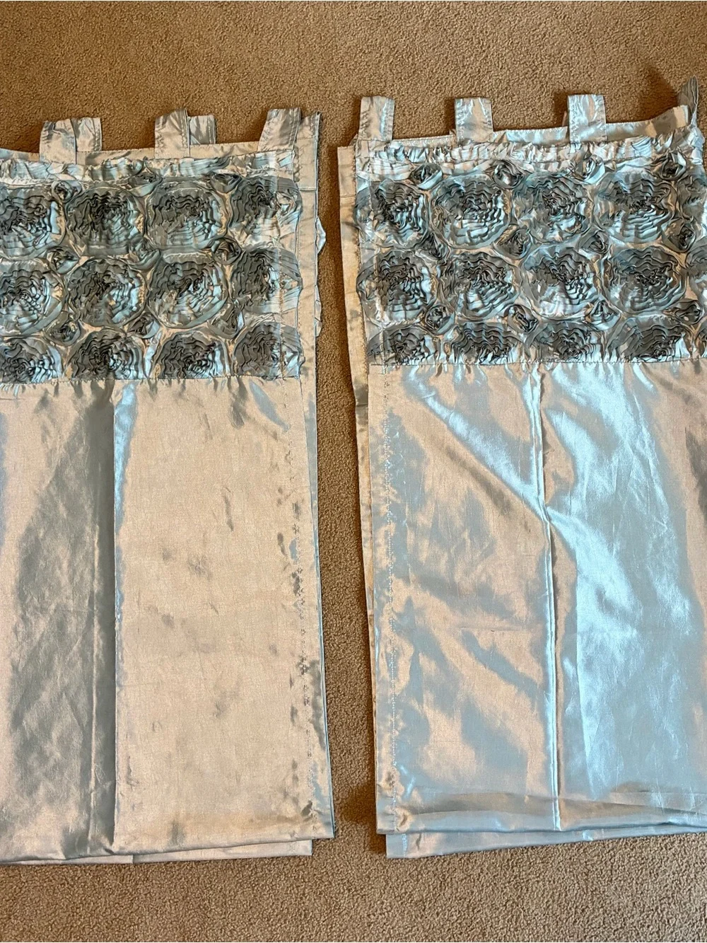 Set Of Two Teal Metallic Blue Silky Satin Curtain Panels 80x40 Inches Floral Top
